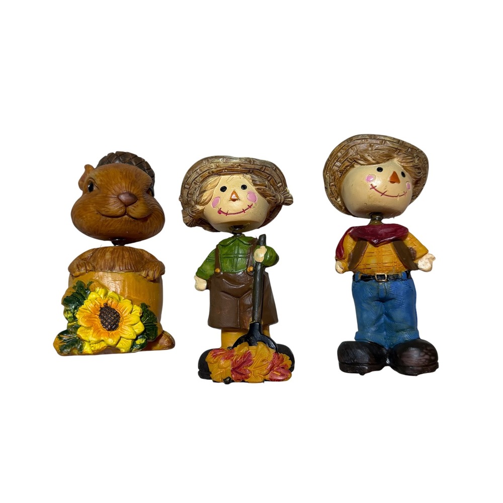 Fall Harvest Bobblehead 5" Figure Set Scarecrows Squirrel Thanksgiving Decor